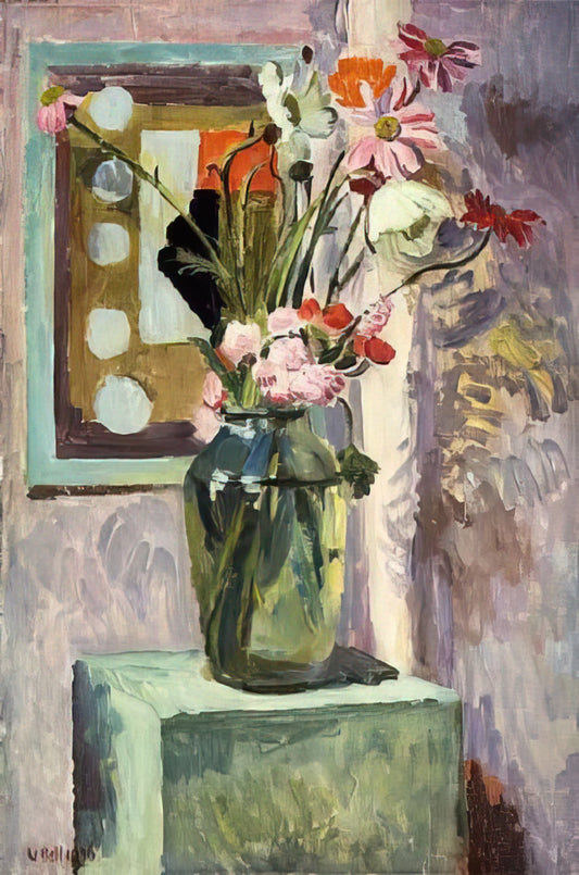Vanessa Bell Brushed Aluminum Print: A Modernist Masterpiece Reimagined - FLOWERS IN A GLASS VASE WITH ABSTRACT NEEDLEWORK DESIGN by Vanessa Bell