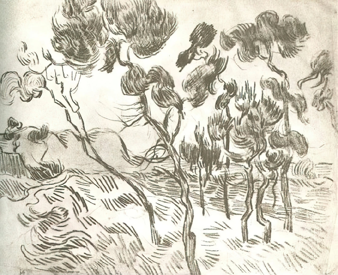 Vincent van Gogh on WikiArt: A Digital Gateway to the Master's Revolutionary Vision - A Group of Pine Trees near a House by Vincent van Gogh