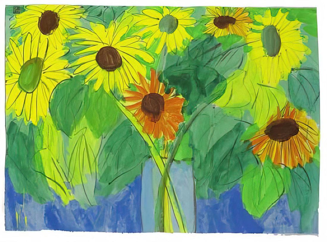 Walasse Ting Prints for Sale: A Collector's Guide to His Vibrant Artistic Legacy - Orange and Yellow Sunflowers - Naïve Art Primitivism, Pop Art by Walasse Ting