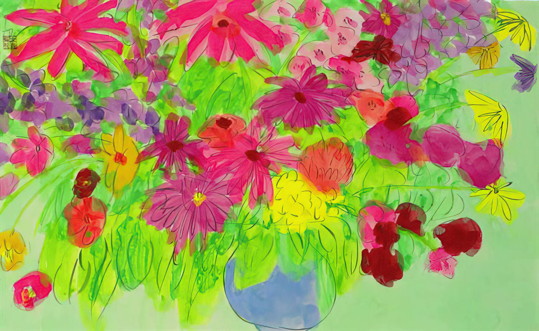 Wallace Ting: The Vibrant Visionary of Color and Movement - Blue Vase, Many Flowers - Naïve Art Primitivism, Pop Art by Walasse Ting