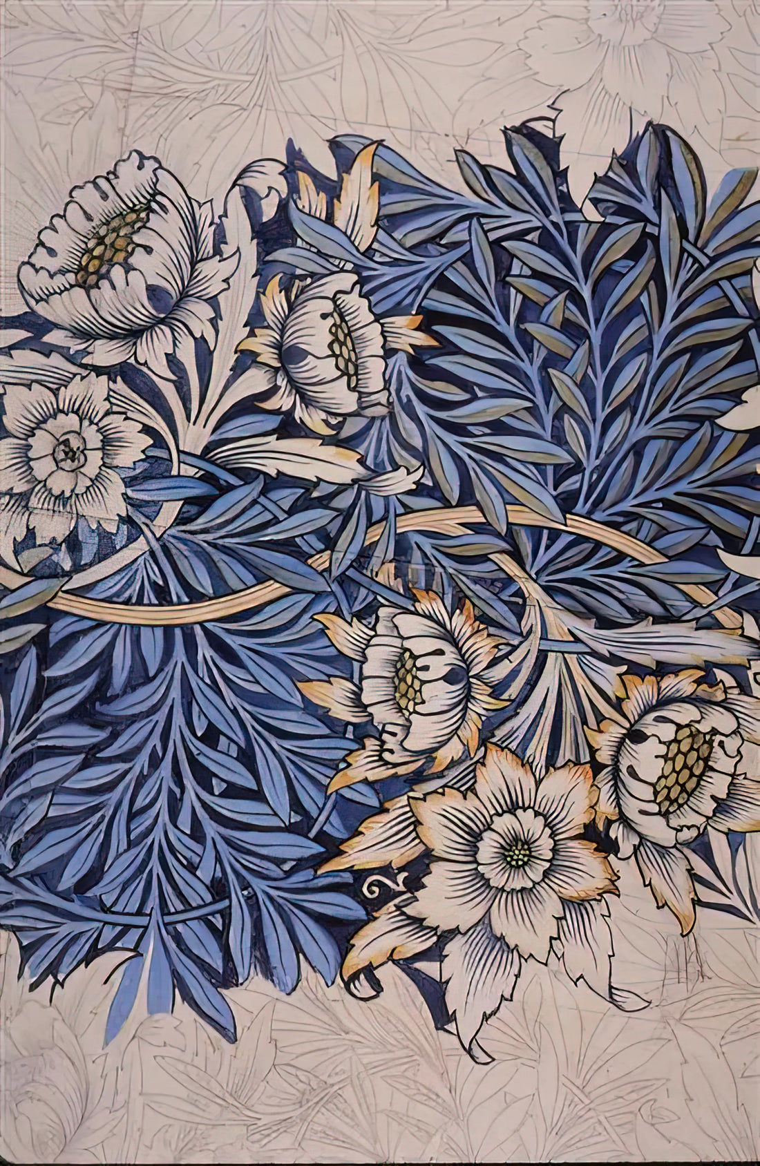 William Morris Print Strawberry Thief: A Masterpiece of Arts and Crafts Design - DESIGN FOR TULIP AND WILLOW INDIGO DISCHARGE WOOD BLOCK PRINTED FABRIC 1873 by William Morris