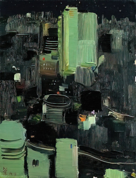 Wu Guanzhong Framed Canvas Print: Bridging Chinese Tradition and Modern Abstraction - Toyko at Night - 1990 by Wu Guanzhong