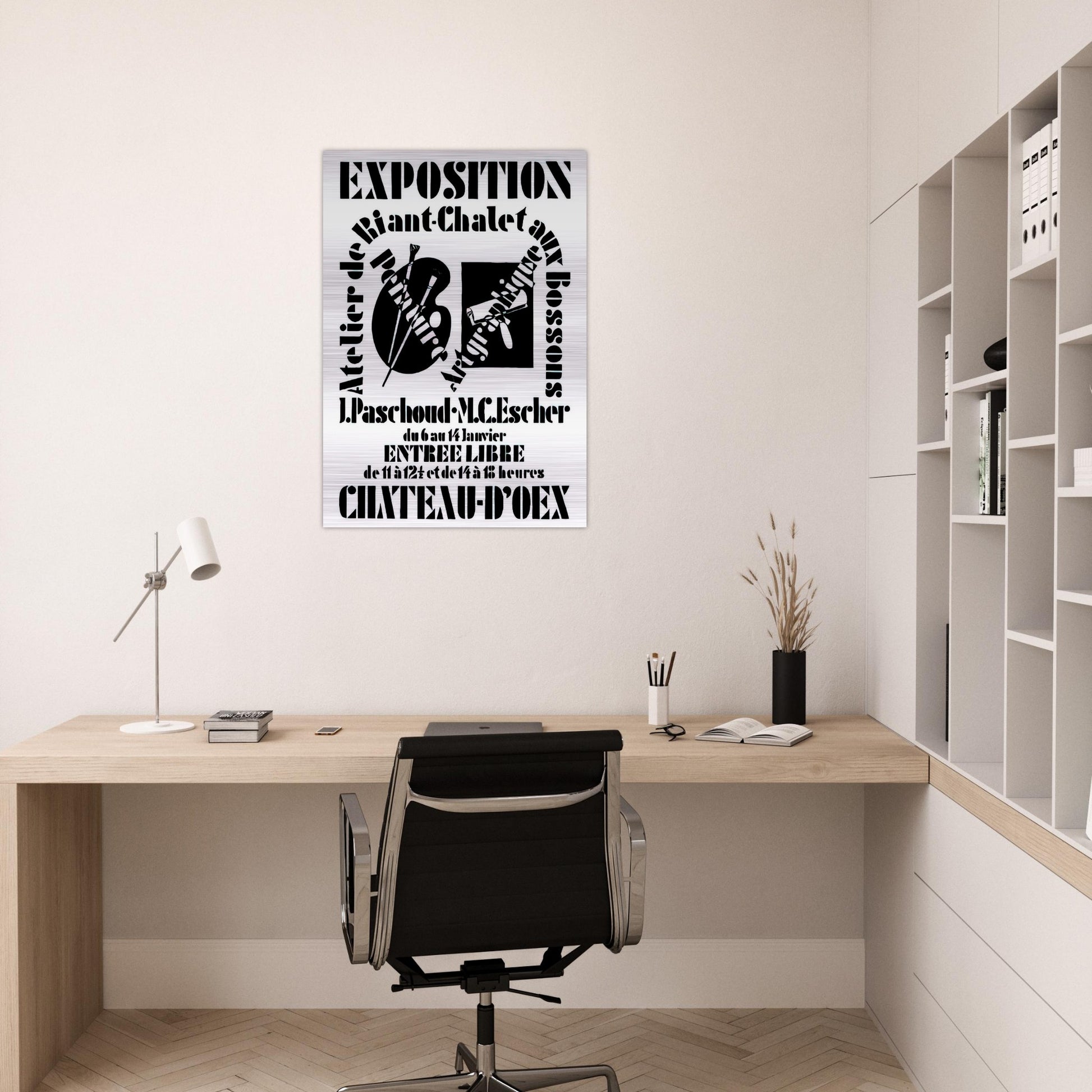 POSTER FOR EXHIBITION JOHN PASCHOUD AND M C ESCHER DECEMBER 1936 1936 - MC Escher Brushed Aluminum Print - 70x100 cm / 28x40 inches | MC Escher Aluminum Print | MC Escher Prints