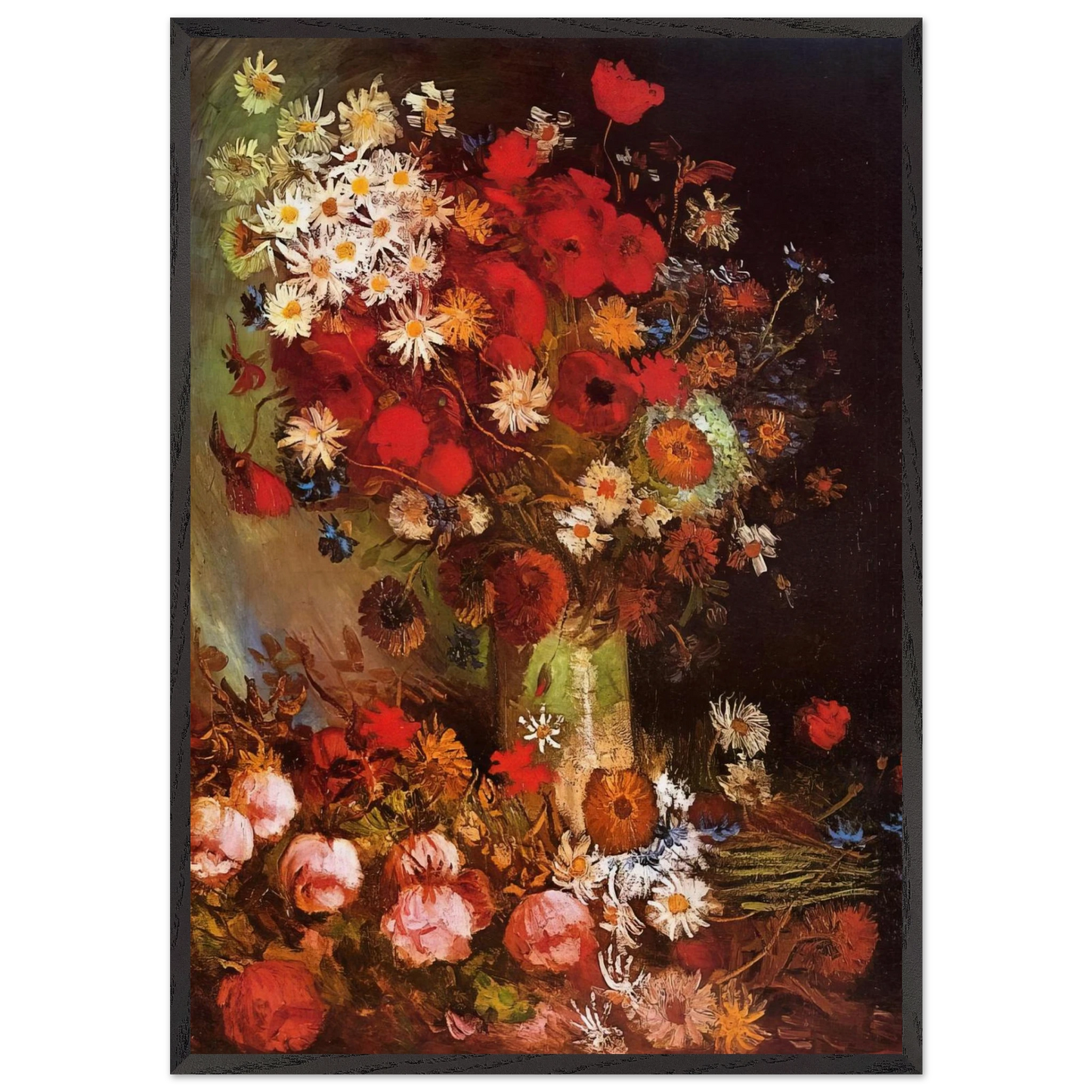 Vase with Poppies Cornflowers Peonies and Chrysanthemums - Vincent van Gogh 70x100 cm / 28x40 inches Framed Art Print – Black Wooden Frame