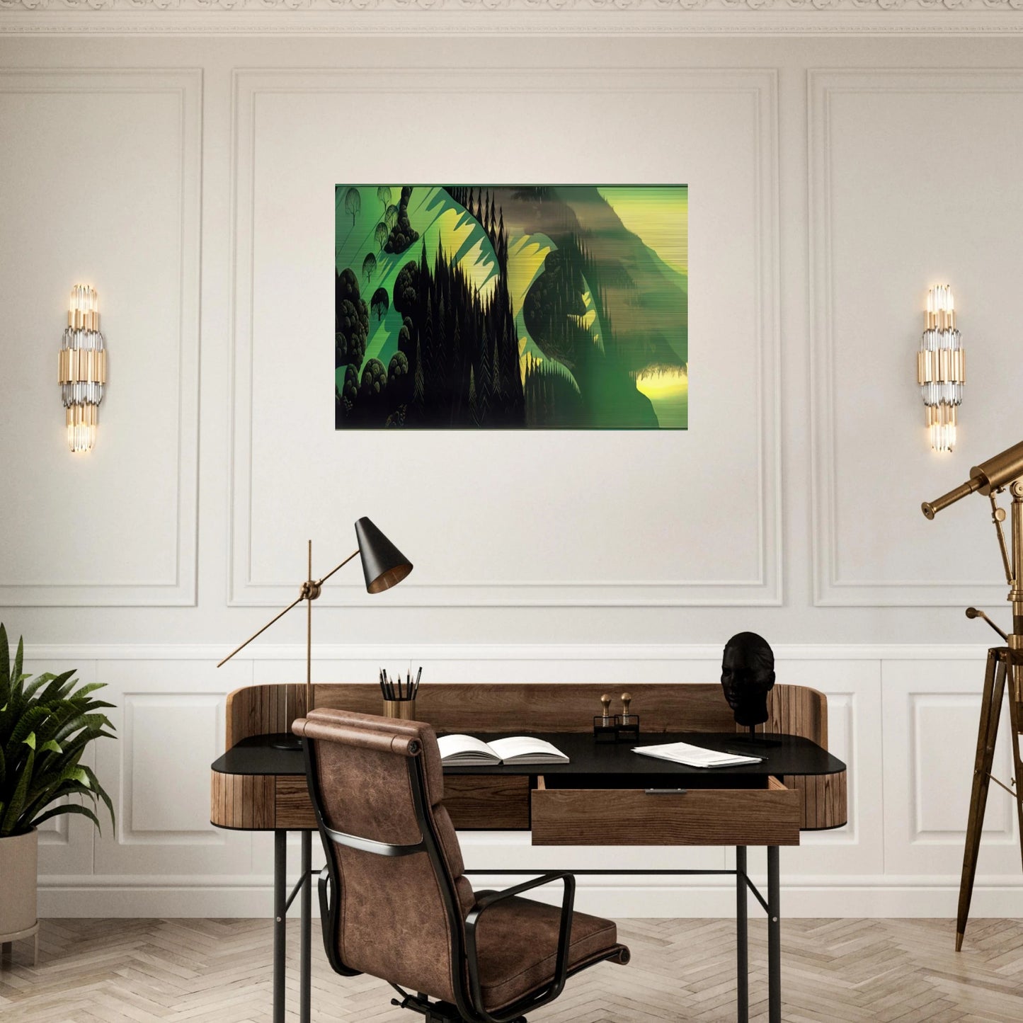 Three Pastures by the Sea - Eyvind Earle Brushed Aluminum Print - 70x100 cm / 28x40 inches | Eyvind Earle Aluminum Print | Eyvind Earle Prints