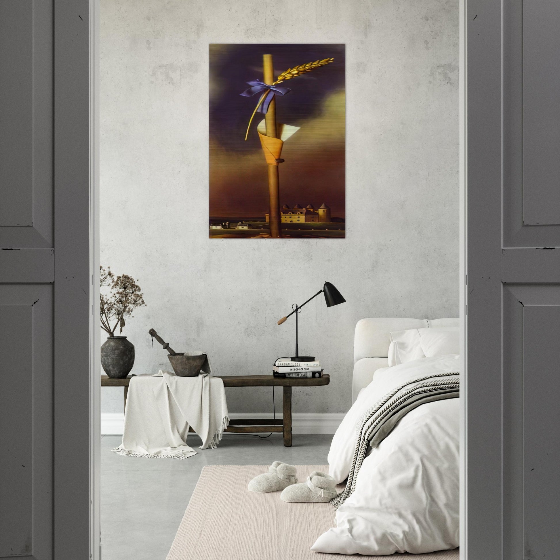 BLUE KNOT AND EAR OF WHEAT NEXT TO THE CASTLE - Salvador Dali Brushed Aluminum Print - 70x100 cm / 28x40 inches | Salvador Dali Aluminum Print | Salvador Dali Prints