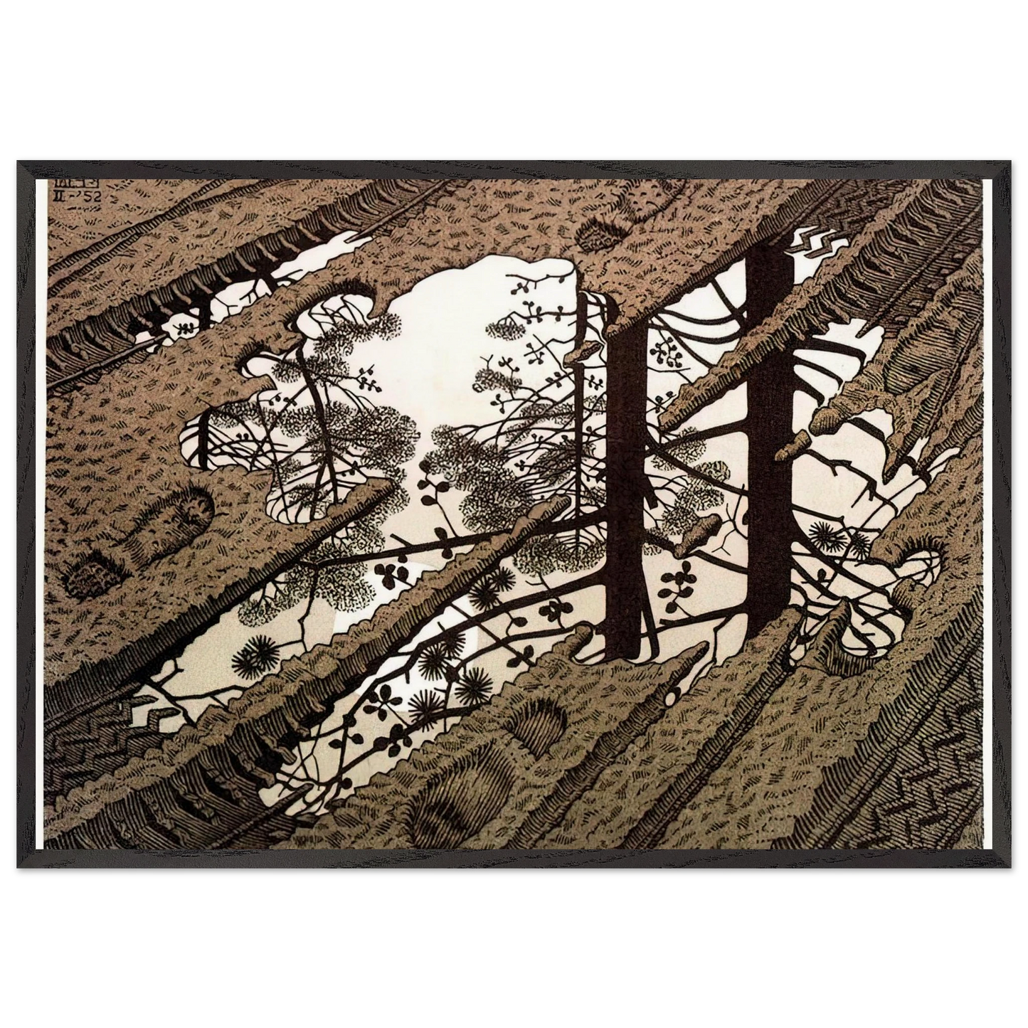 PUDDLE - MC Escher 70x100 cm / 28x40 inches Framed Art Print – Black Wooden Frame | Maurits Cornelis Escher Prints
