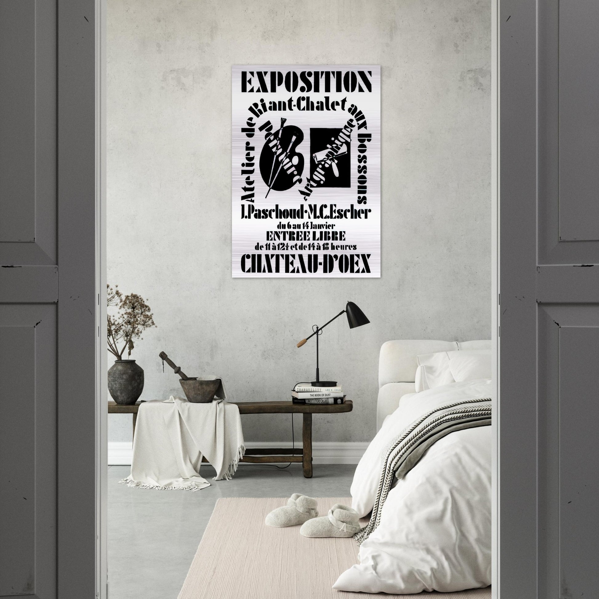 POSTER FOR EXHIBITION JOHN PASCHOUD AND M C ESCHER DECEMBER 1936 1936 - MC Escher Brushed Aluminum Print - 70x100 cm / 28x40 inches | MC Escher Aluminum Print | MC Escher Prints