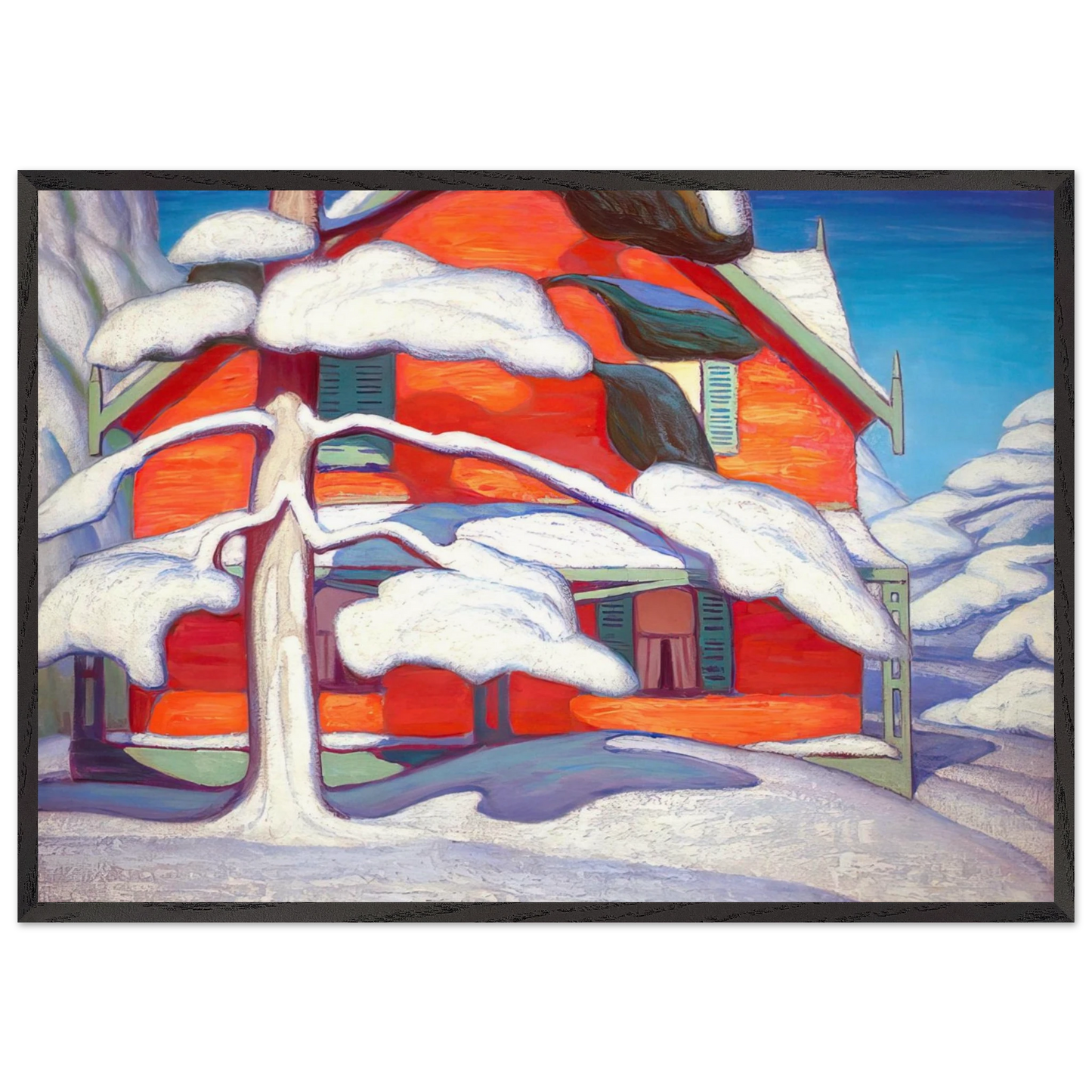 Pine Tree and Red House Winter City - 1924 - Lawren Harris 70x100 cm / 28x40 inches Framed Art Print – Black Wooden Frame