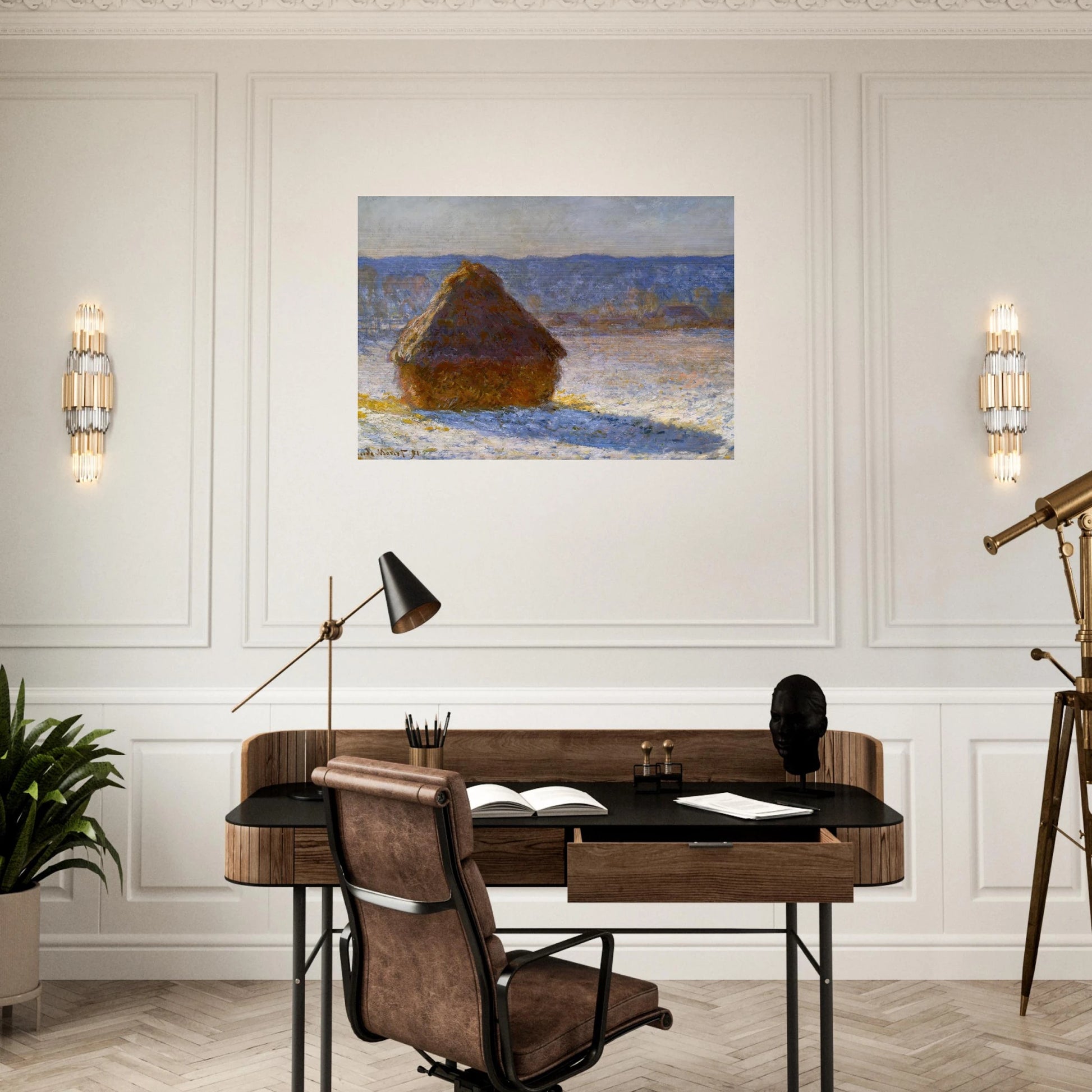 Grainstack, Snow Effect, Morning - claude monet Brushed Aluminum Print - 70x100 cm / 28x40 inches | claude monet Aluminum Print | claude monet Prints