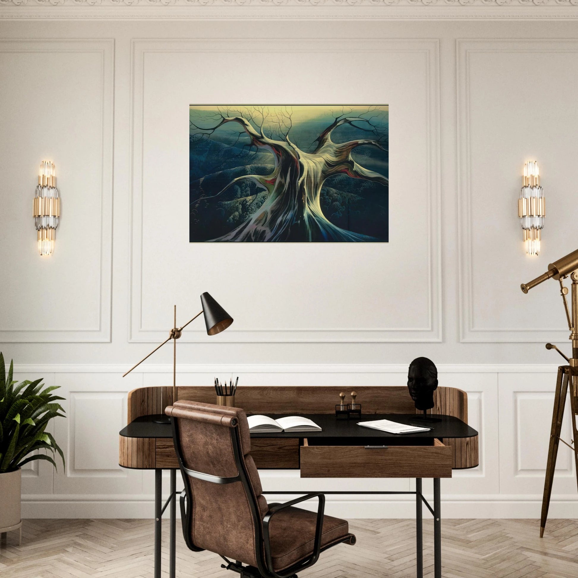 Moonlit Tree Trunk - Eyvind Earle Brushed Aluminum Print - 70x100 cm / 28x40 inches | Eyvind Earle Aluminum Print | Eyvind Earle Prints