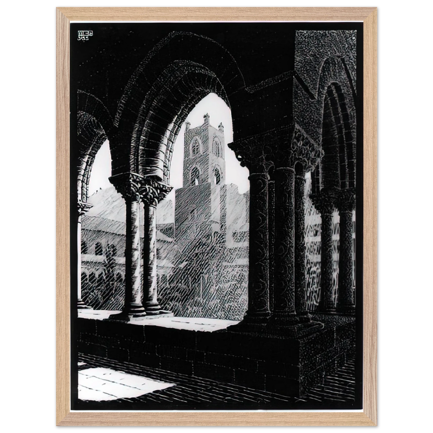 MC Escher - CLOISTER OF MONREALE SICILY Wall Art - 21x29.7 cm / 8x12" - Premium Wooden Framed Poster With Fine Art Paper-canvas - Wood frame