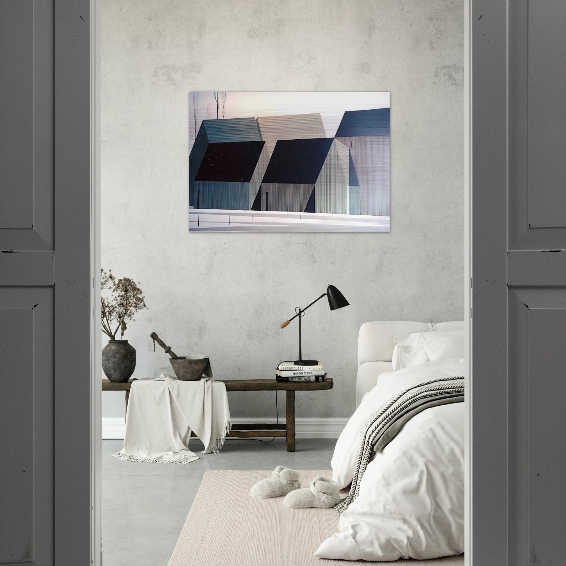Barns - Eyvind Earle Brushed Aluminum Print - 70x100 cm / 28x40 inches | Eyvind Earle Aluminum Print | Eyvind Earle Prints