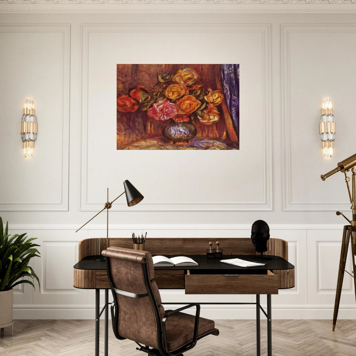 Roses Before the Blue Curtain - Pierre-Auguste Renoir Brushed Aluminum Print - 70x100 cm / 28x40 inches | Pierre-Auguste Renoir Aluminum Print | Pierre-Auguste Renoir Prints
