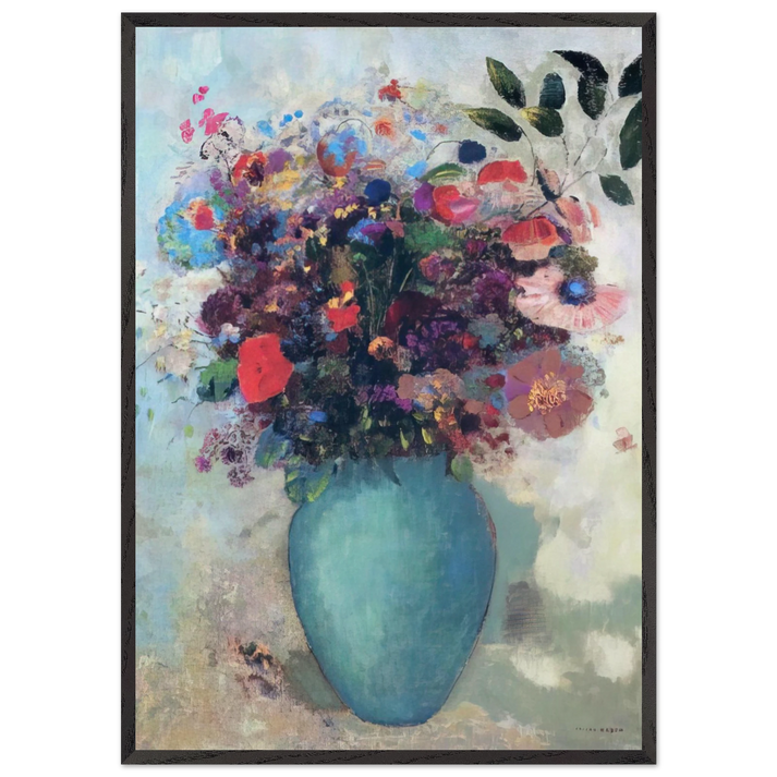 FLOWERS IN A TURQUOISE VASE - Odilon Redon 70x100 cm / 28x40 inches Framed Art Print – Black Wooden Frame