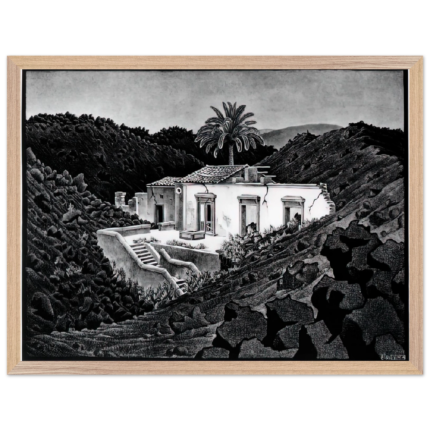 MC Escher - HOUSE IN THE LAVA NEAR NUNZIATA Wall Art - 30x40 cm / 12x16 inches - Premium Wooden Framed Poster With Fine Art Paper-canvas - Black frame