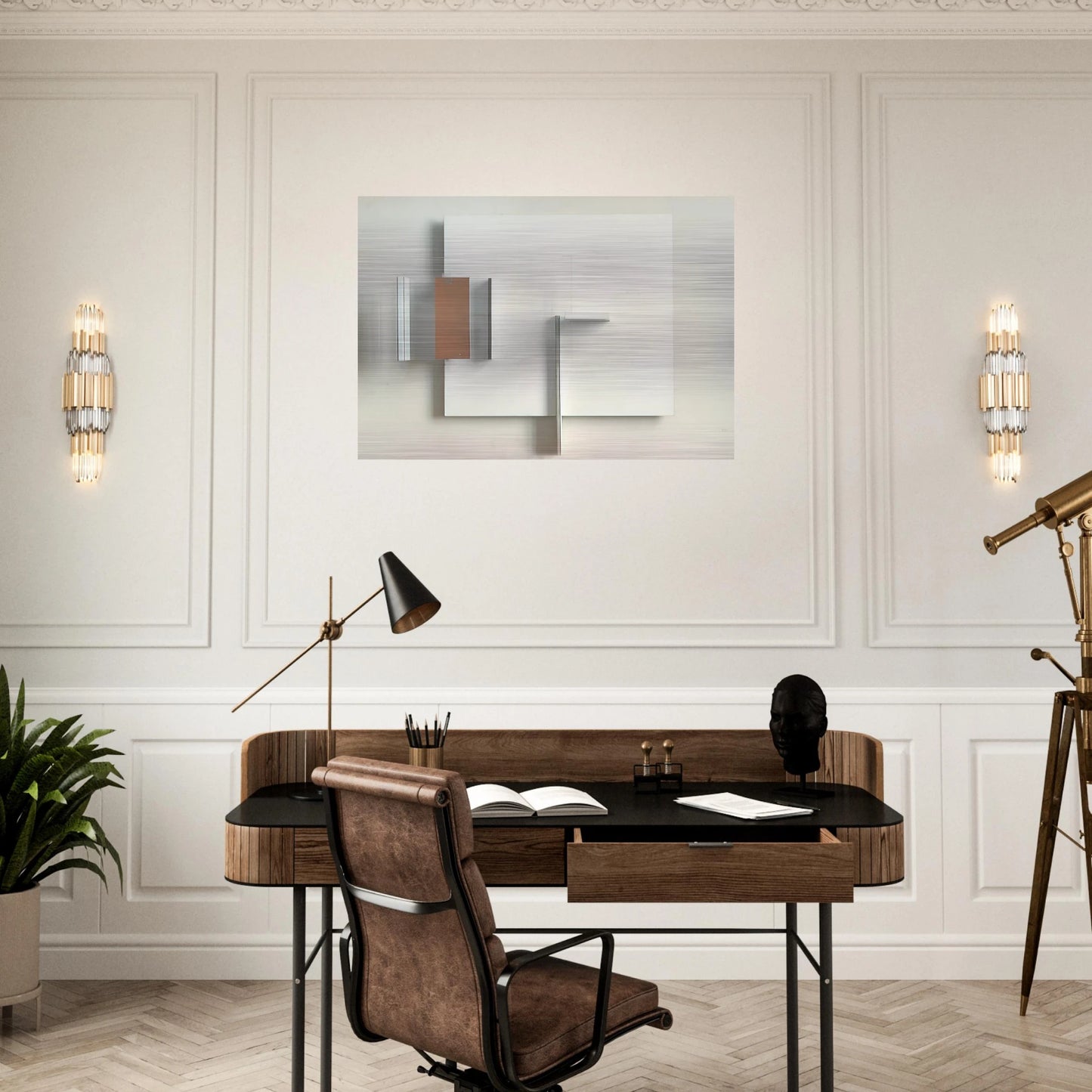 Abstract in White, Black and Ochre - 1962 - Victor Pasmore Brushed Aluminum Print - 70x100 cm / 28x40 inches | Victor Pasmore Aluminum Print | Victor Pasmore Prints