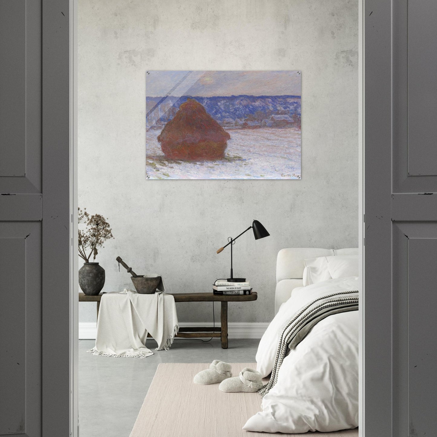 Stack of Wheat Snow Effect, Overcast Day - claude monet Acrylic Print - 70x100 cm / 28x40″ inches