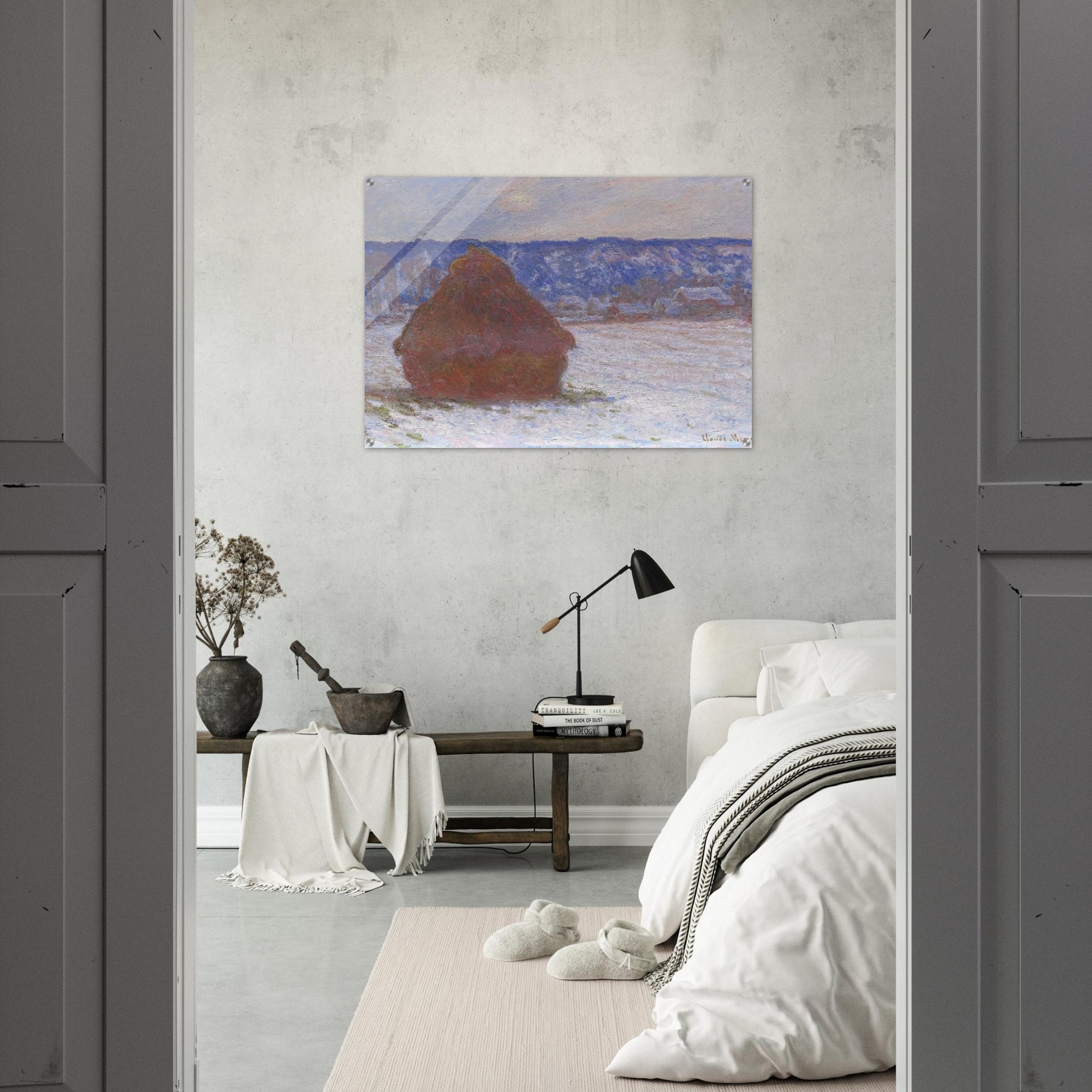 Stack of Wheat Snow Effect, Overcast Day - claude monet Acrylic Print - 70x100 cm / 28x40″ inches