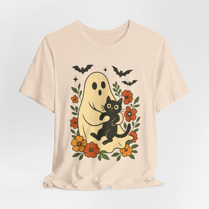 Gruseliger Geist mit schwarzer Katze, tolles Blumenmuster für Halloween