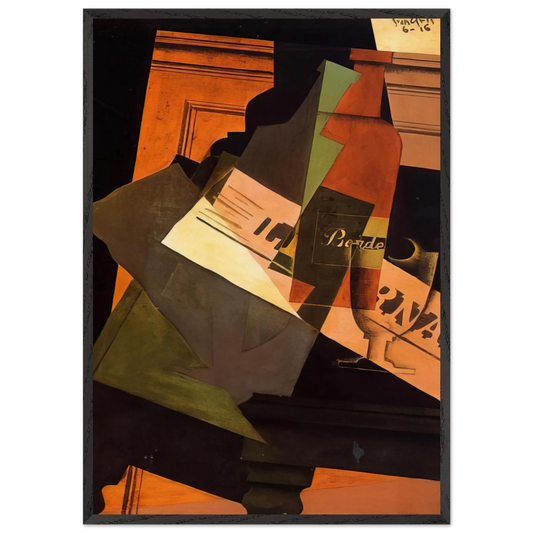 BOTTLE GLASS AND NEWSPAPER - Juan Gris 70x100 cm / 28x40 inches Framed Art Print – Black Wooden Frame