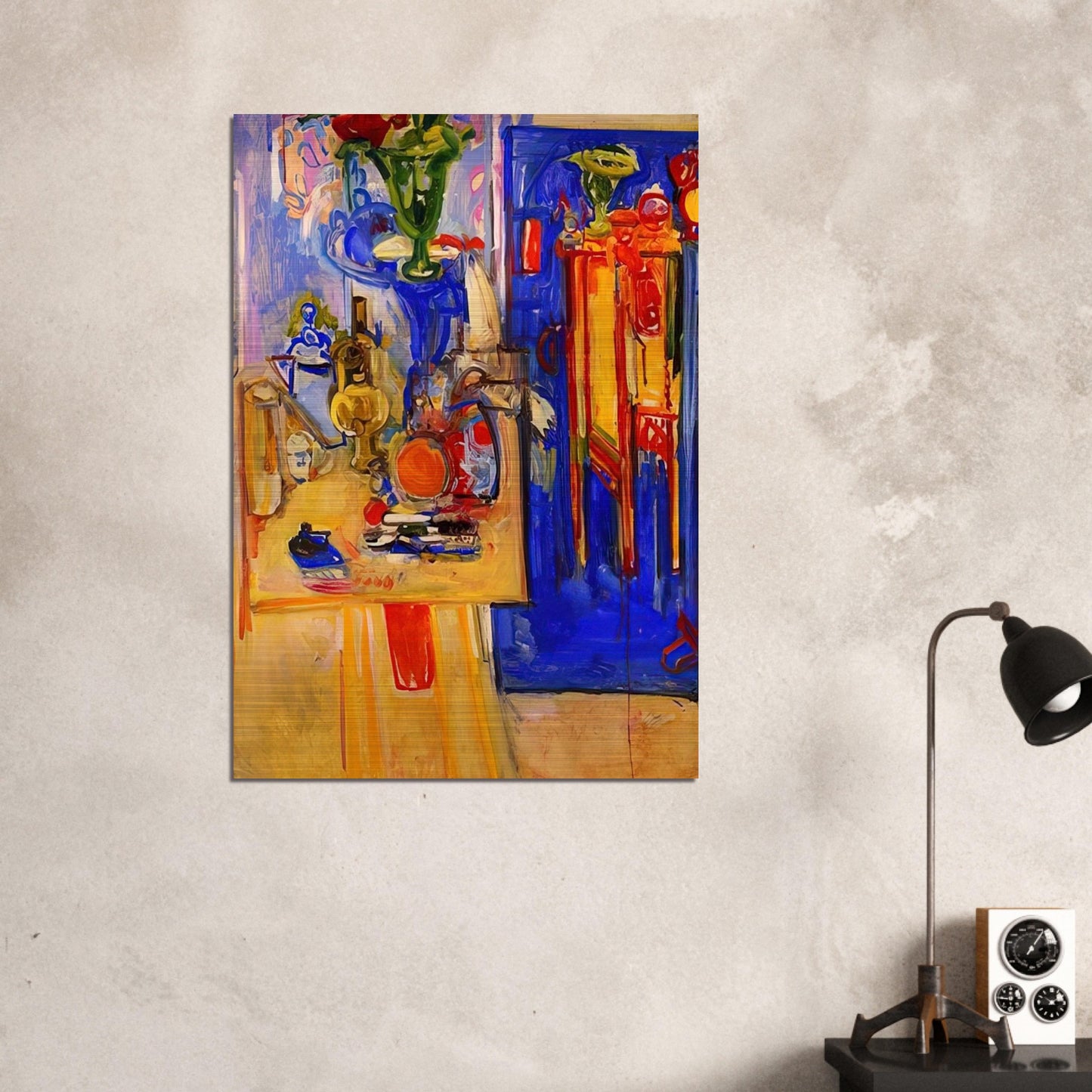 Table with Teakettle, Green Vase and Red Flowers - Hans Hofmann Brushed Aluminum Print - 70x100 cm / 28x40 inches | Hans Hofmann Aluminum Print | Hans Hofmann Prints