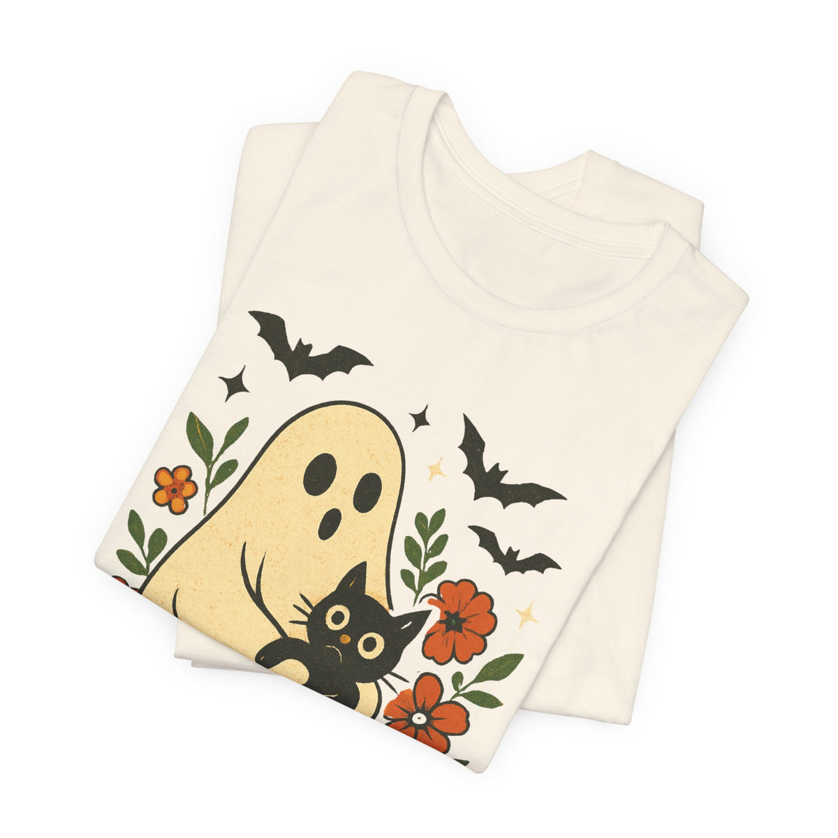 Gruseliger Geist mit schwarzer Katze, tolles Blumenmuster für Halloween