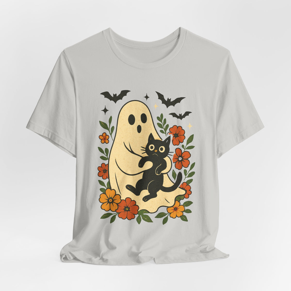 Gruseliger Geist mit schwarzer Katze, tolles Blumenmuster für Halloween