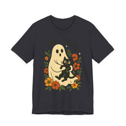 Gruseliger Geist mit schwarzer Katze, tolles Blumenmuster für Halloween