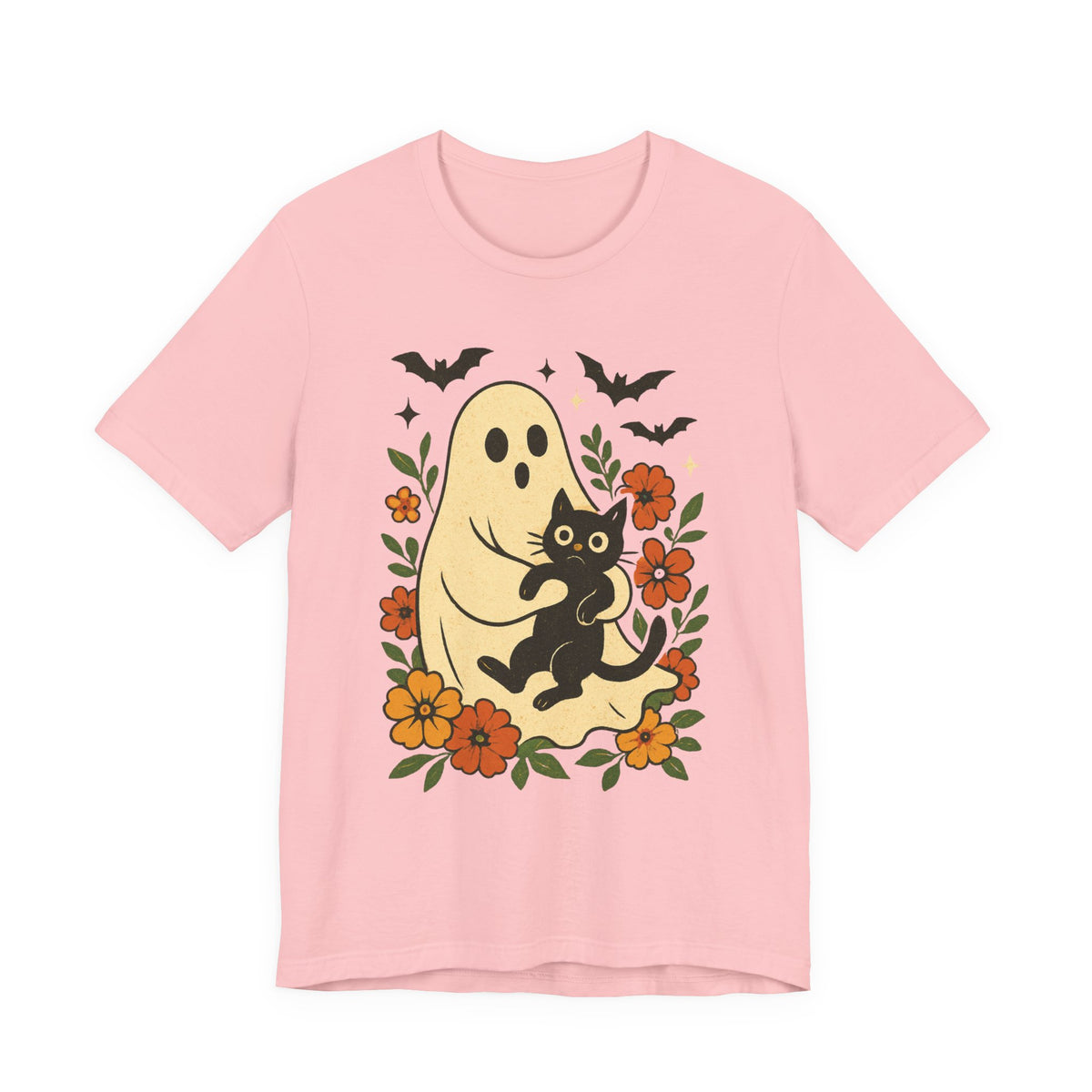 Gruseliger Geist mit schwarzer Katze, tolles Blumenmuster für Halloween