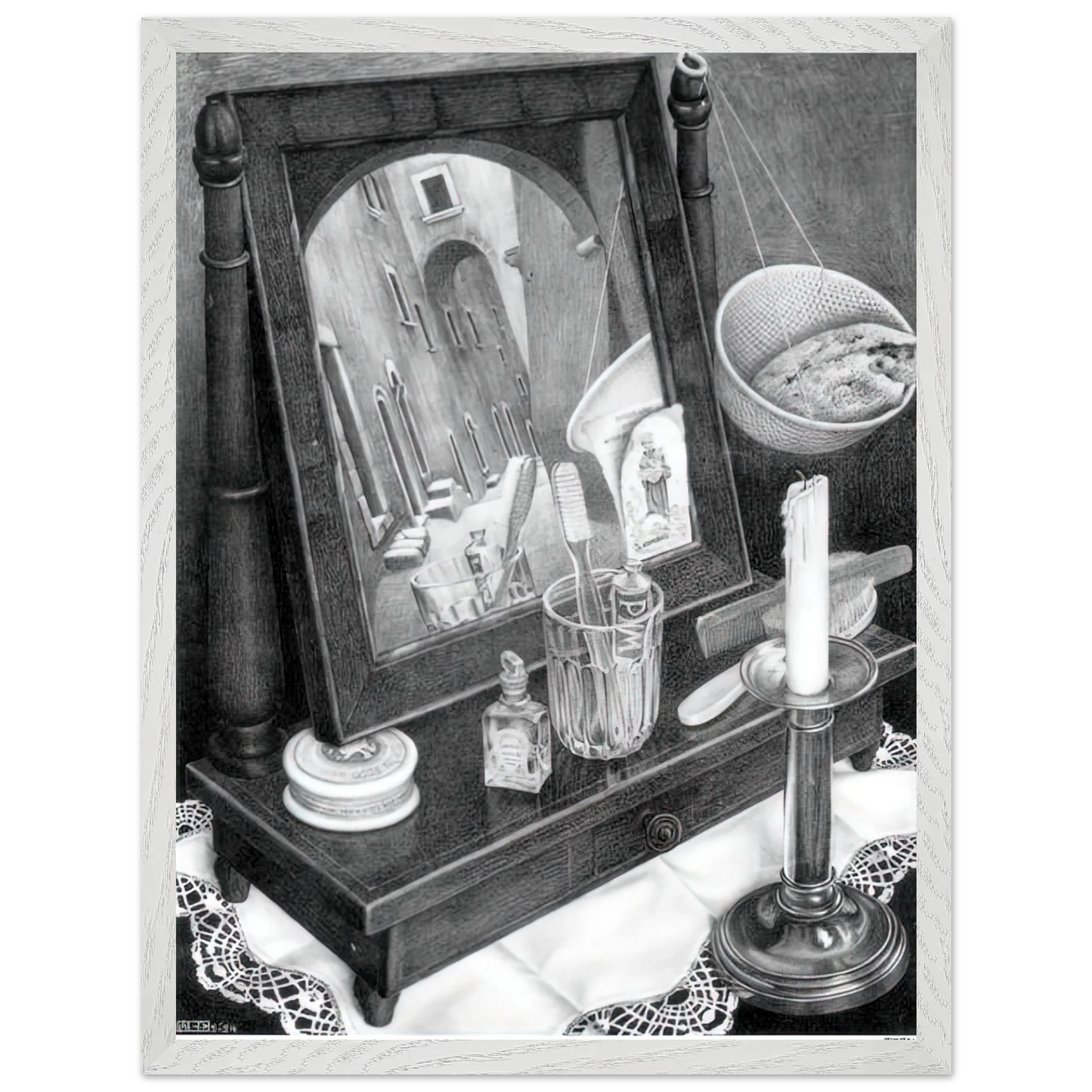 MC Escher - CANDLE MIRROR Wall Art - 30x40 cm / 12x16 inches - Premium Wooden Framed Poster With Fine Art Paper-canvas - White frame