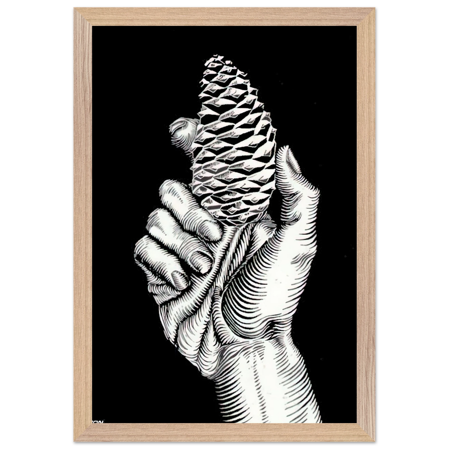 MC Escher - HAND WITH FIR CONE Wall Art - 60x80 cm / 24x32 inches - Premium Wooden Framed Poster With Fine Art Paper - Black frame