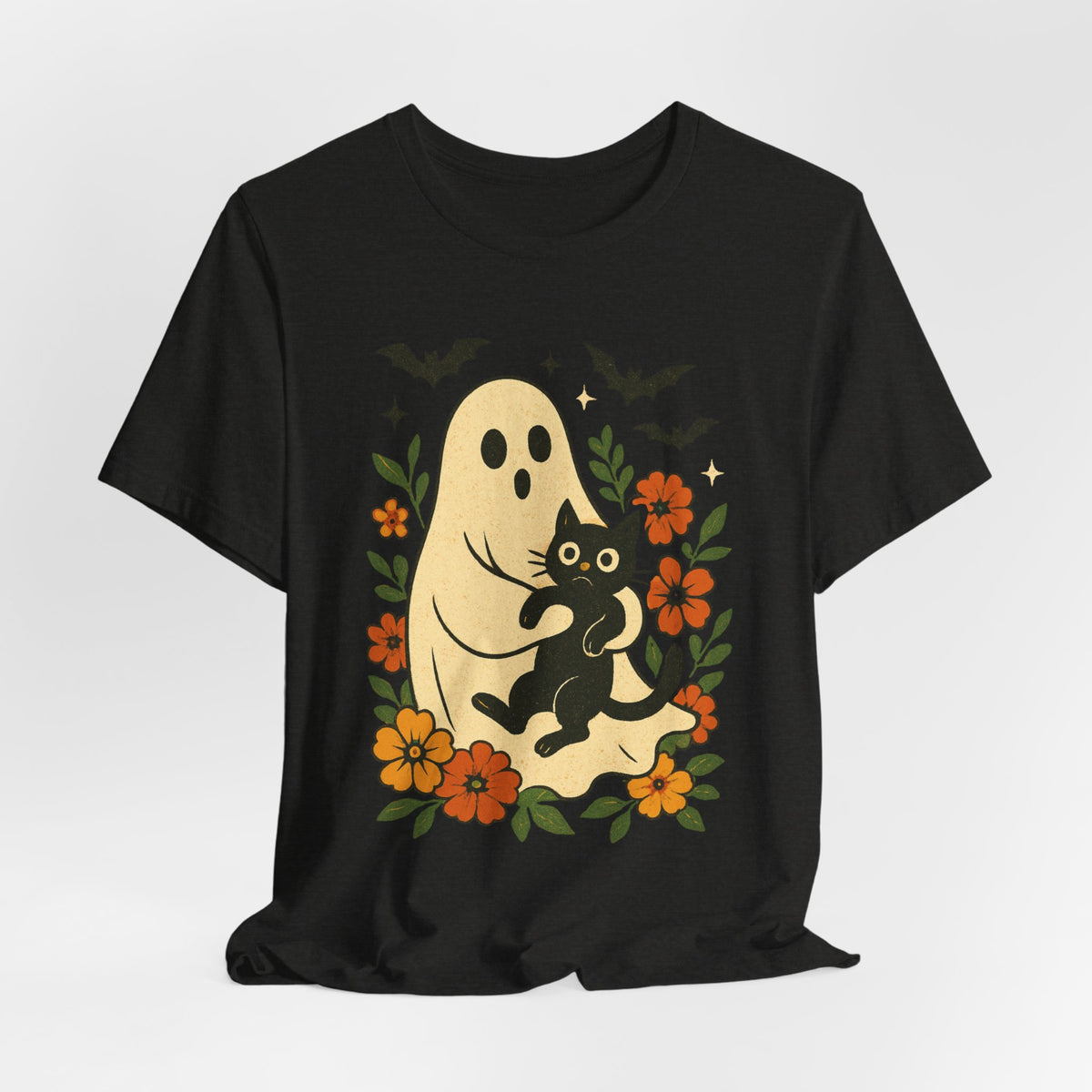 Gruseliger Geist mit schwarzer Katze, tolles Blumenmuster für Halloween