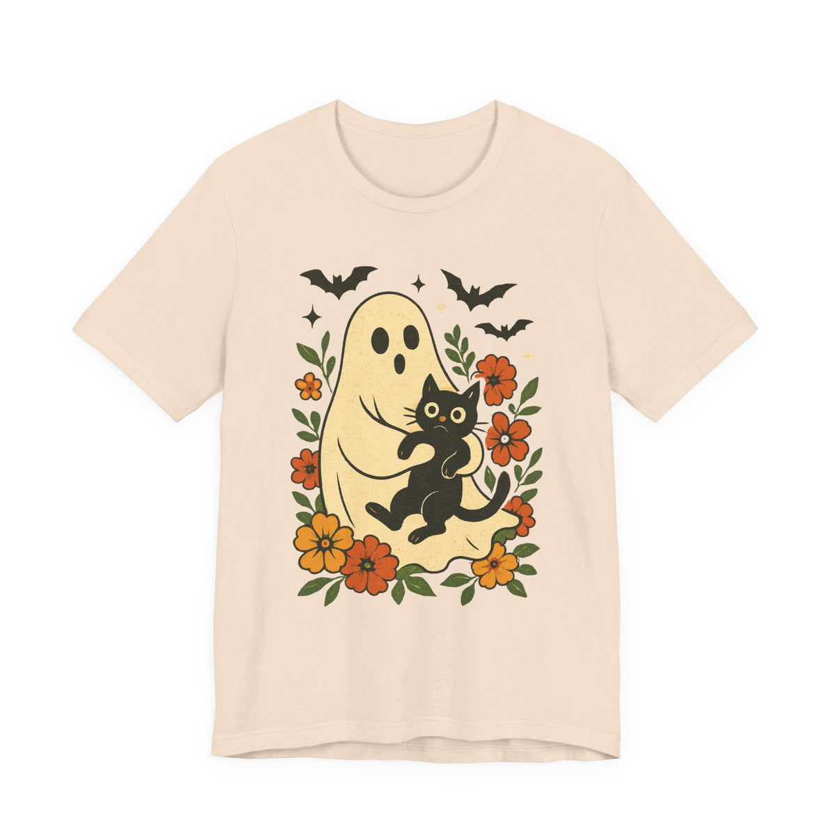 Gruseliger Geist mit schwarzer Katze, tolles Blumenmuster für Halloween