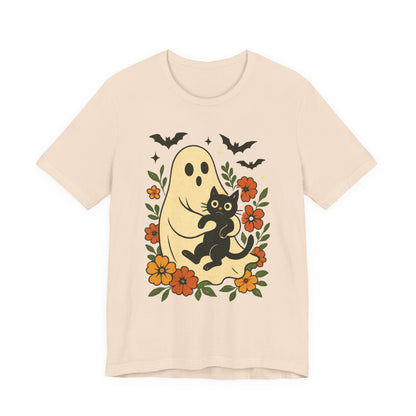 Gruseliger Geist mit schwarzer Katze, tolles Blumenmuster für Halloween