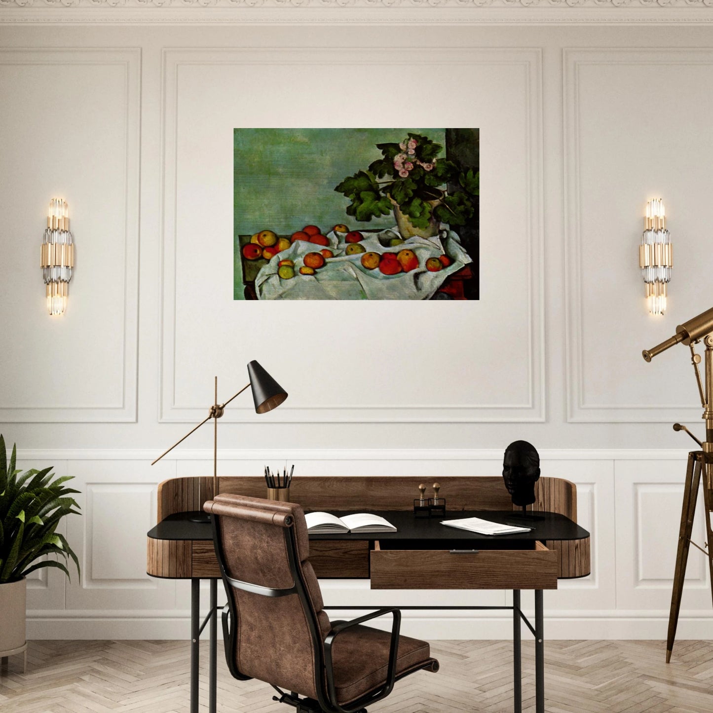 Still Life with Apples and a Pot of Primroses - Paul Cézanne Brushed Aluminum Print - 70x100 cm / 28x40 inches | Paul Cézanne Aluminum Print | Paul Cézanne Prints