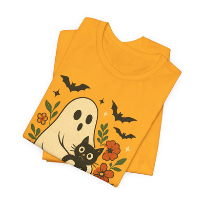 Gruseliger Geist mit schwarzer Katze, tolles Blumenmuster für Halloween