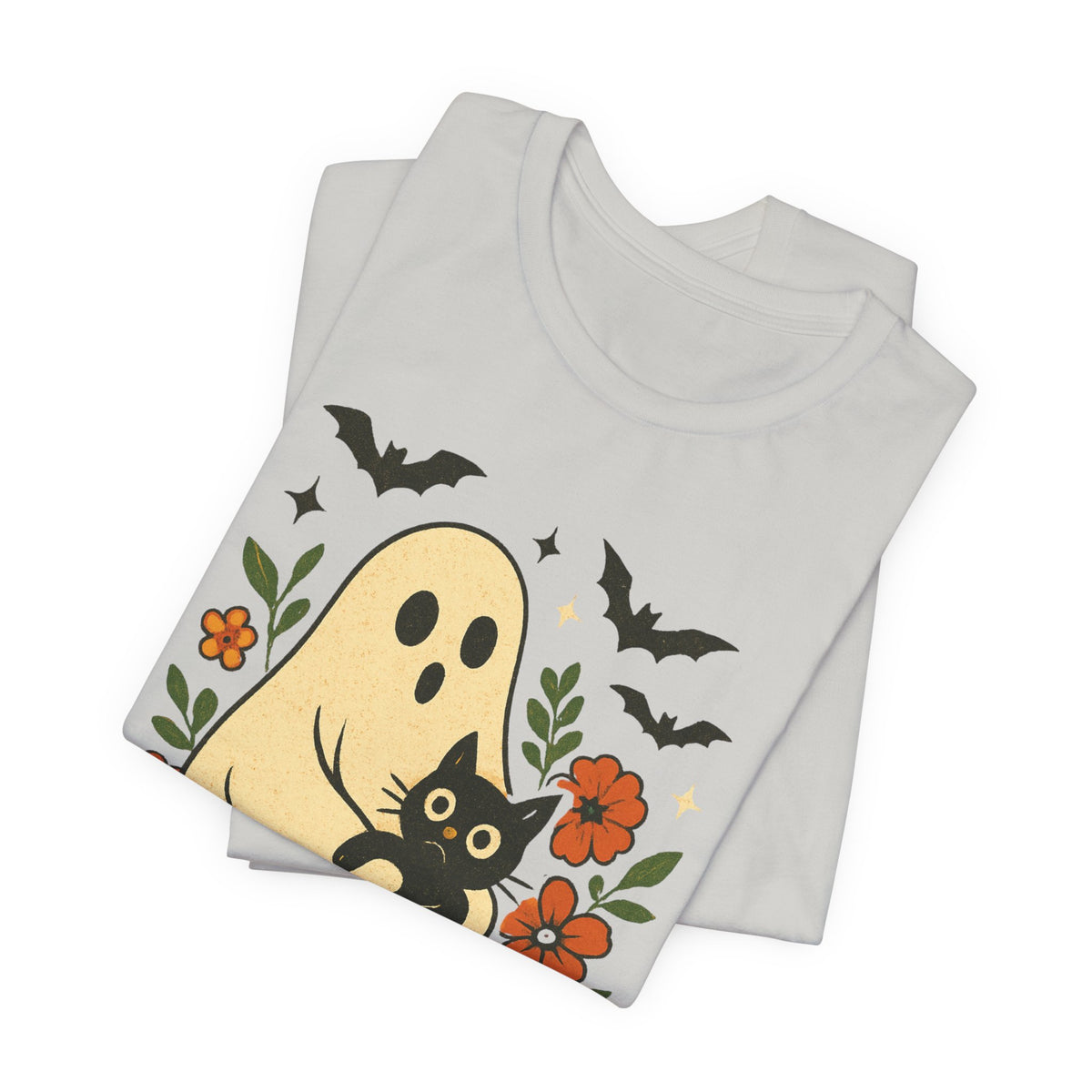 Gruseliger Geist mit schwarzer Katze, tolles Blumenmuster für Halloween