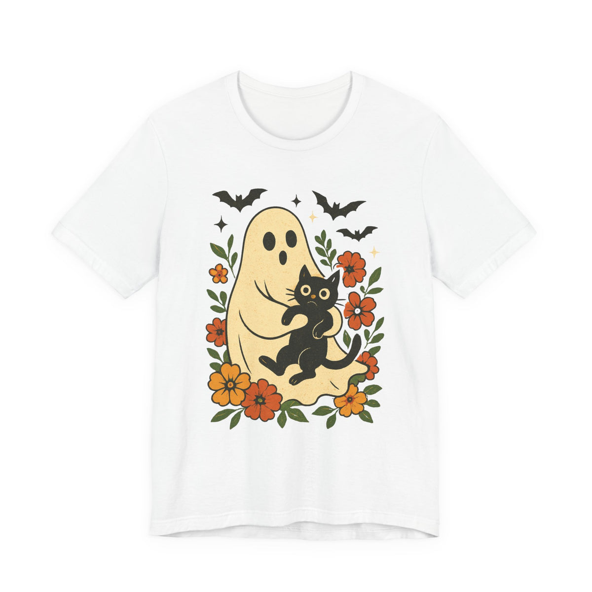 Gruseliger Geist mit schwarzer Katze, tolles Blumenmuster für Halloween