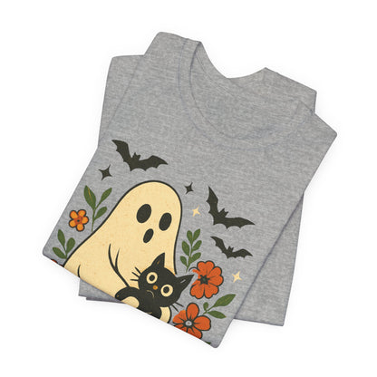 Gruseliger Geist mit schwarzer Katze, tolles Blumenmuster für Halloween