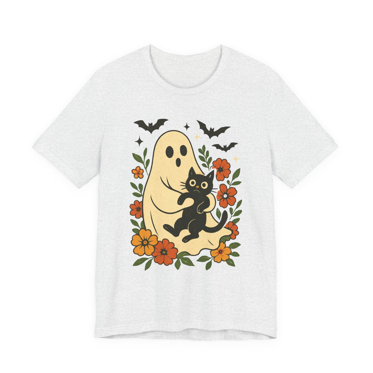 Gruseliger Geist mit schwarzer Katze, tolles Blumenmuster für Halloween