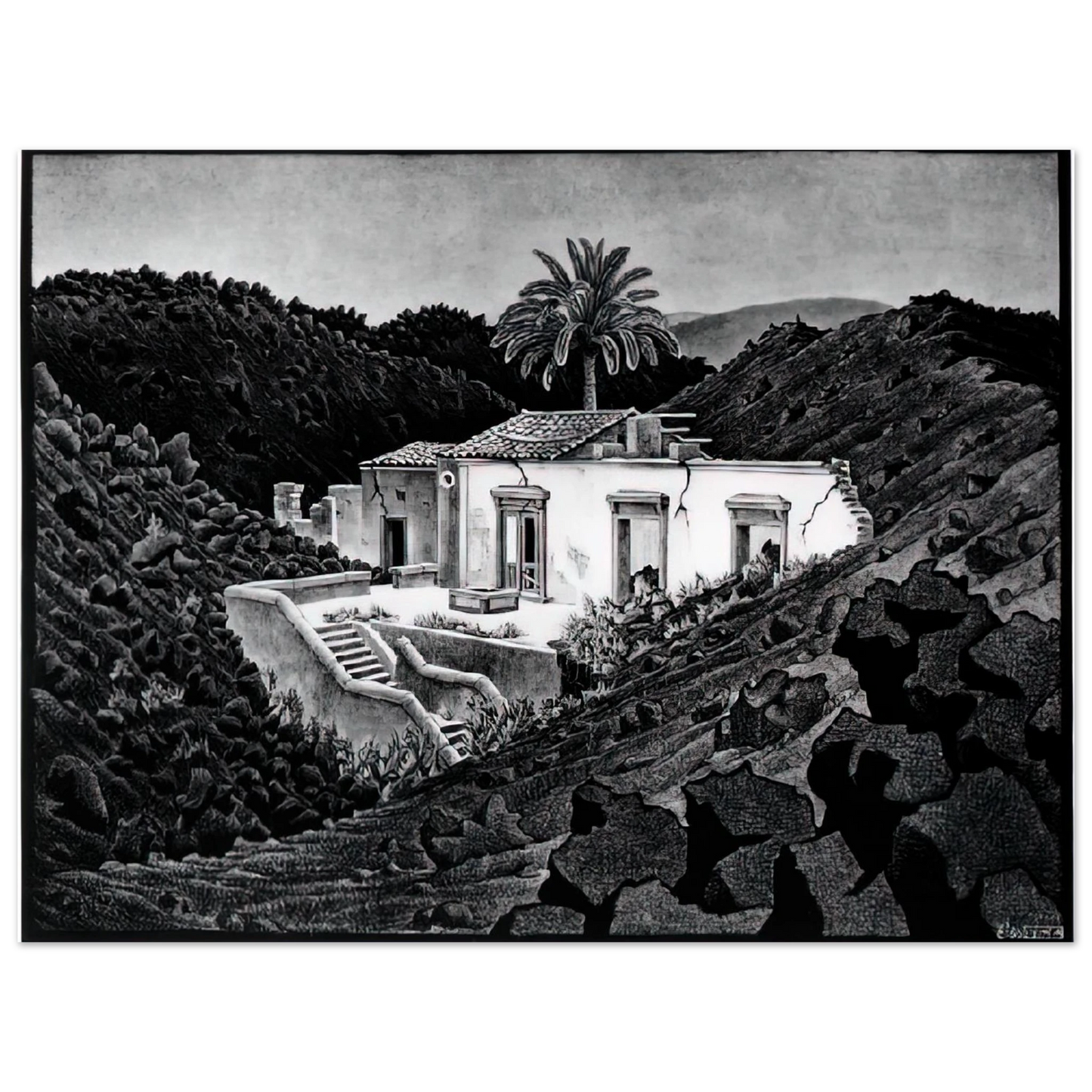 MC Escher - HOUSE IN THE LAVA NEAR NUNZIATA Wall Art - 60x80 cm / 24x32 inches - Premium Wooden Framed Poster With Fine Art Paper-canvas - White frame
