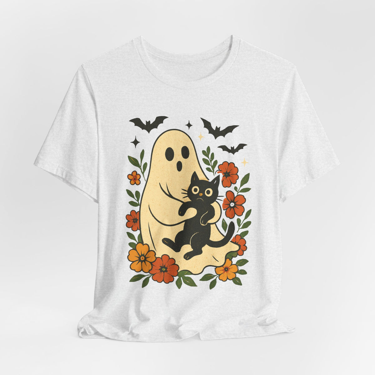Gruseliger Geist mit schwarzer Katze, tolles Blumenmuster für Halloween