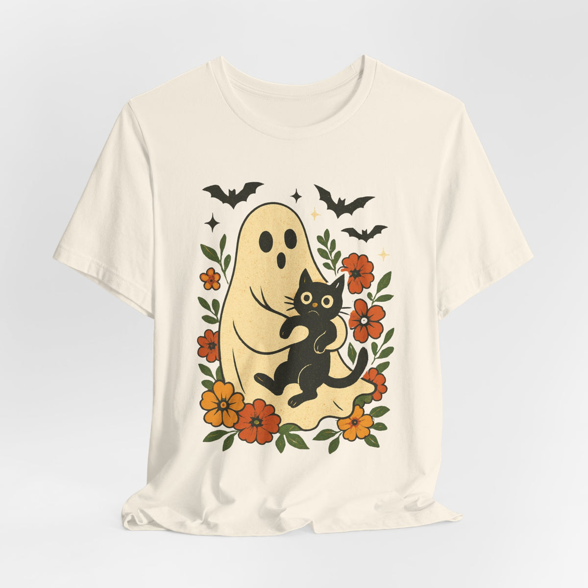 Gruseliger Geist mit schwarzer Katze, tolles Blumenmuster für Halloween