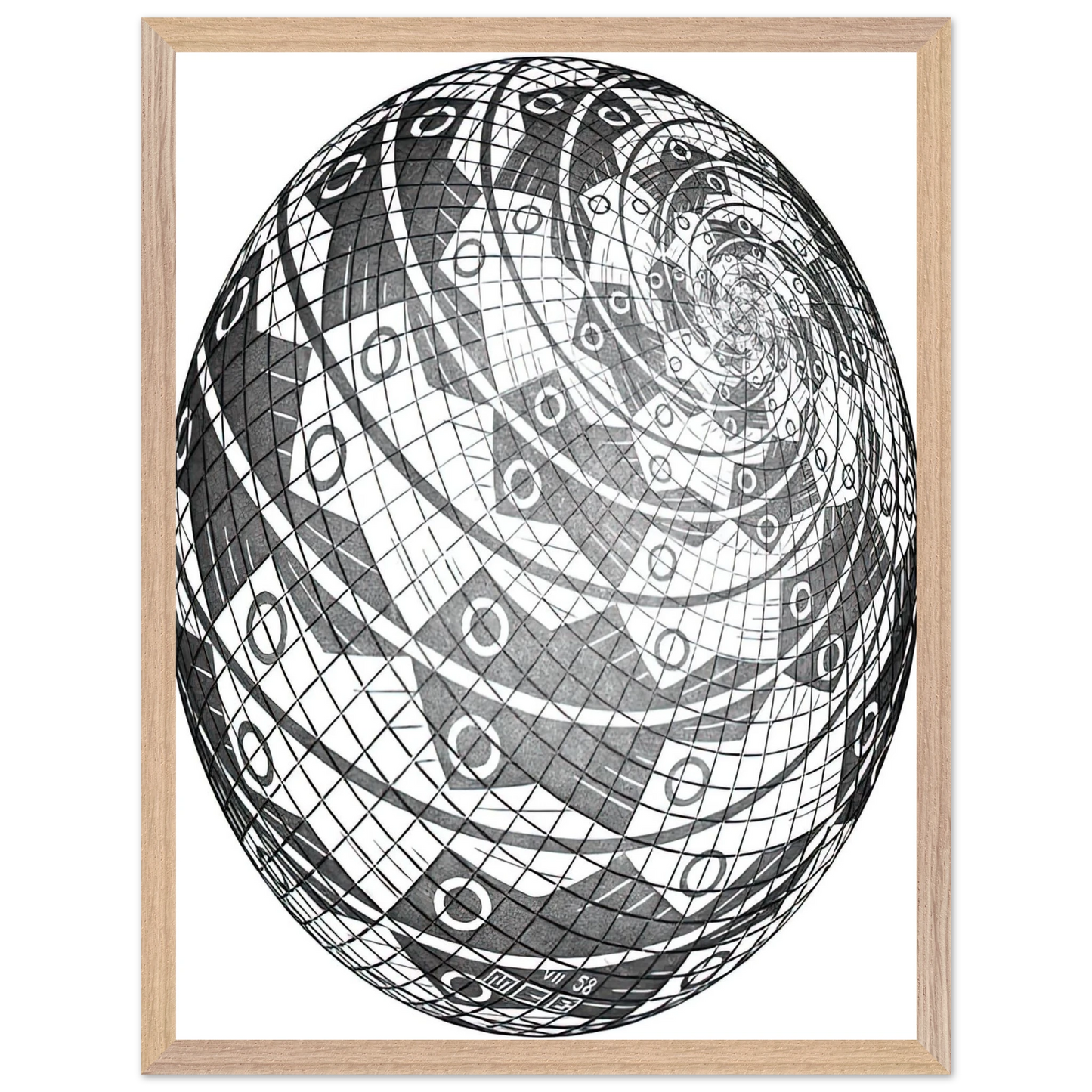 MC Escher - SPHERE SURFACE WITH FISHES Wall Art - 21x29.7 cm / 8x12" - Premium Wooden Framed Poster With Fine Art Paper-canvas - White frame