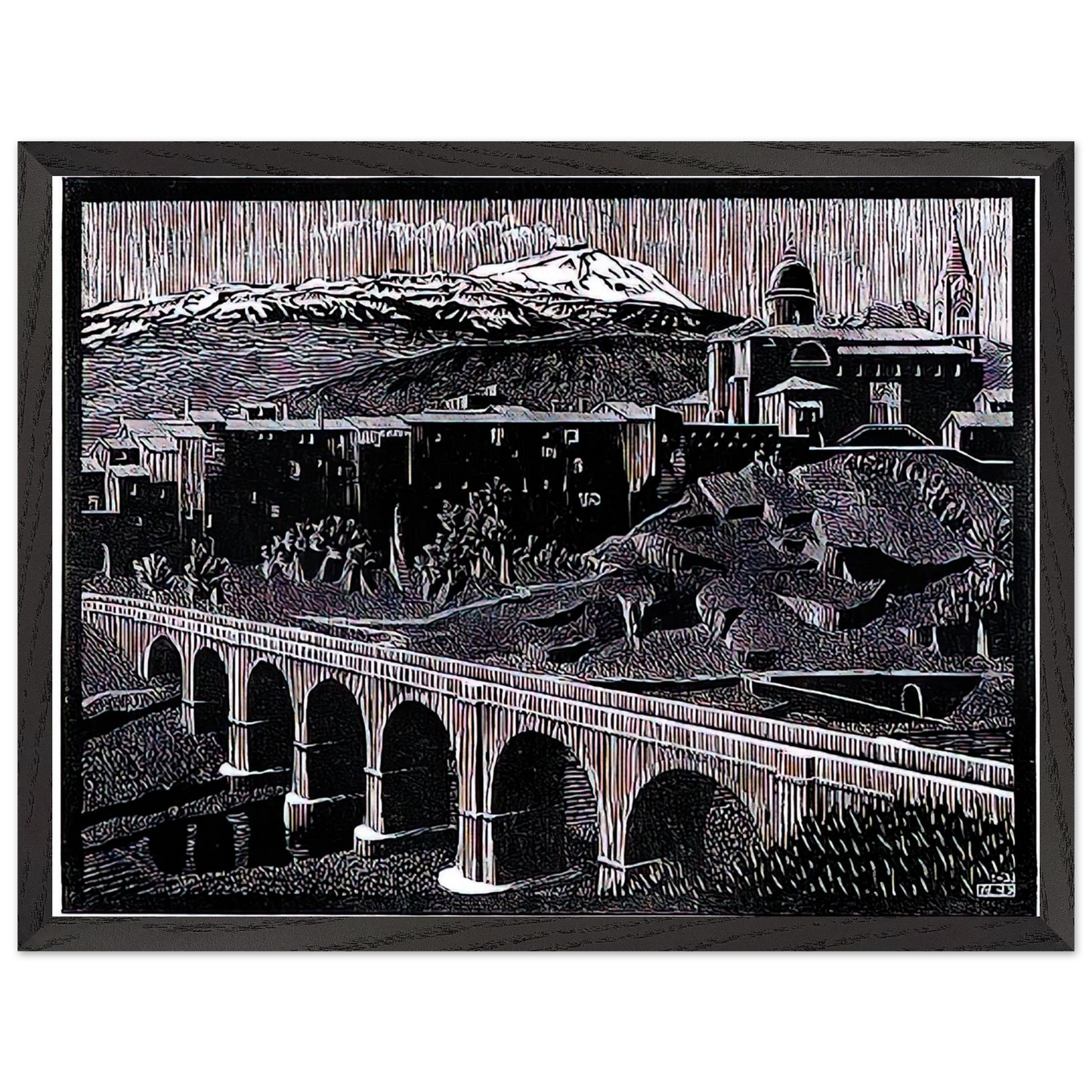 MC Escher - RANDAZZO AND MOUNT ETNA SICILY JANUARY 1933 1933 Wall Art - 30x40 cm / 12x16 inches - Premium Wooden Framed Poster With Fine Art Paper-canvas - Wood frame