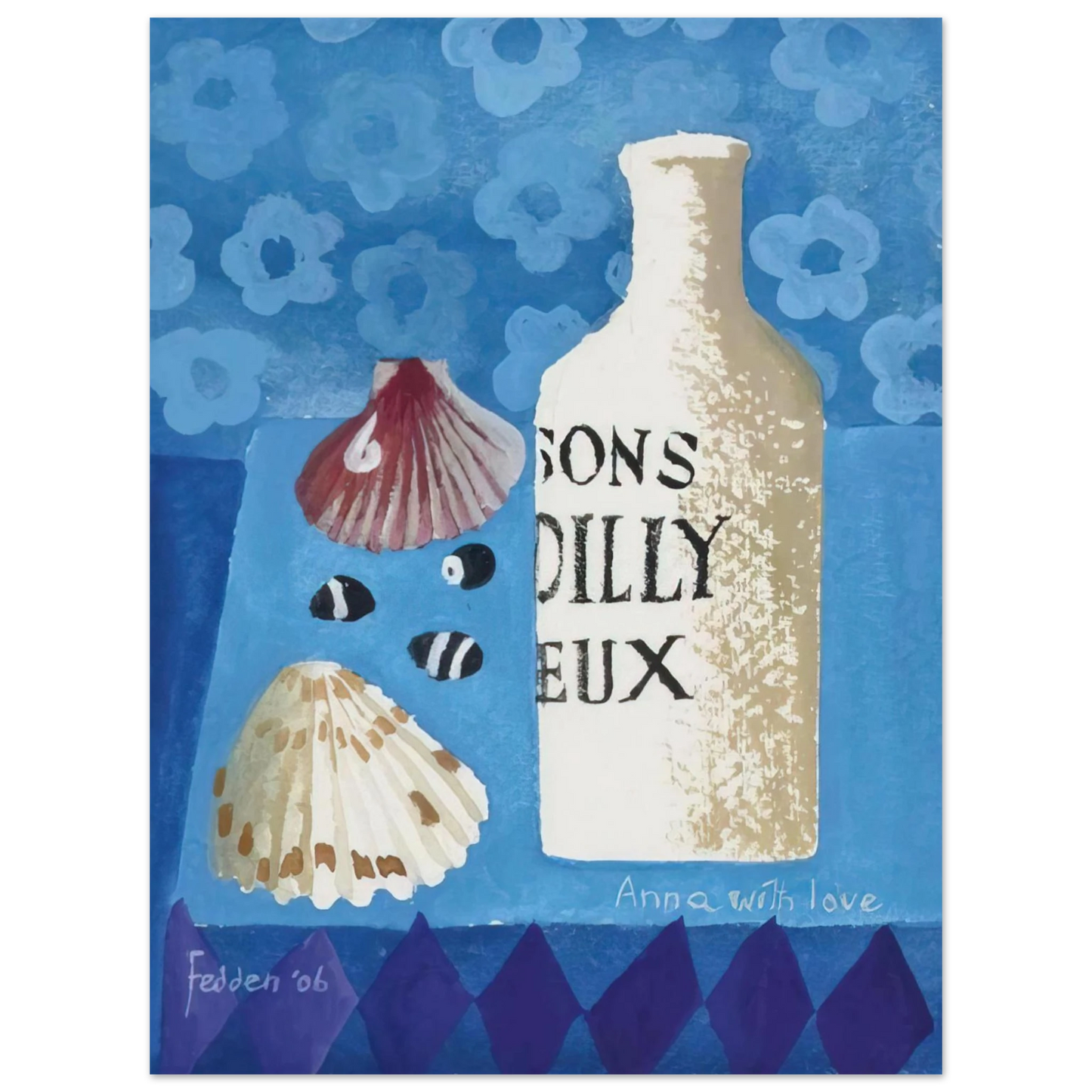 Mary Fedden - Still life with bottle and shells - 2006  75x100 cm / 30x40inches Fine Art Poster