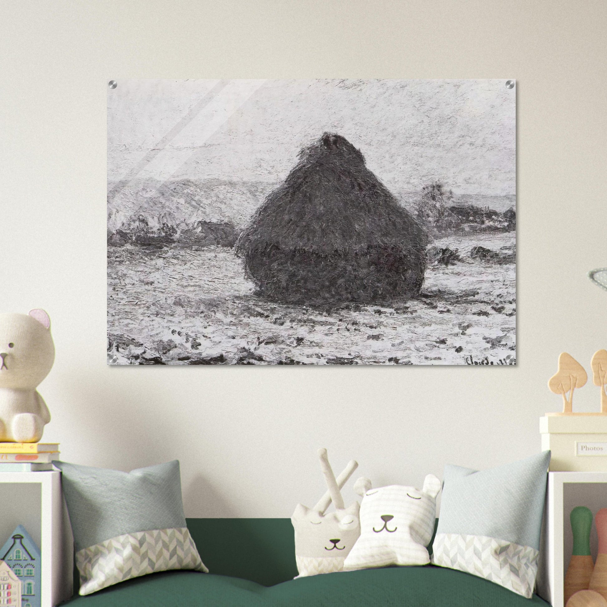 Grainstack in the Sunlight, Snow Effect - claude monet Acrylic Print - 70x100 cm / 28x40″ inches | claude monet Wall Art | claude monet Prints