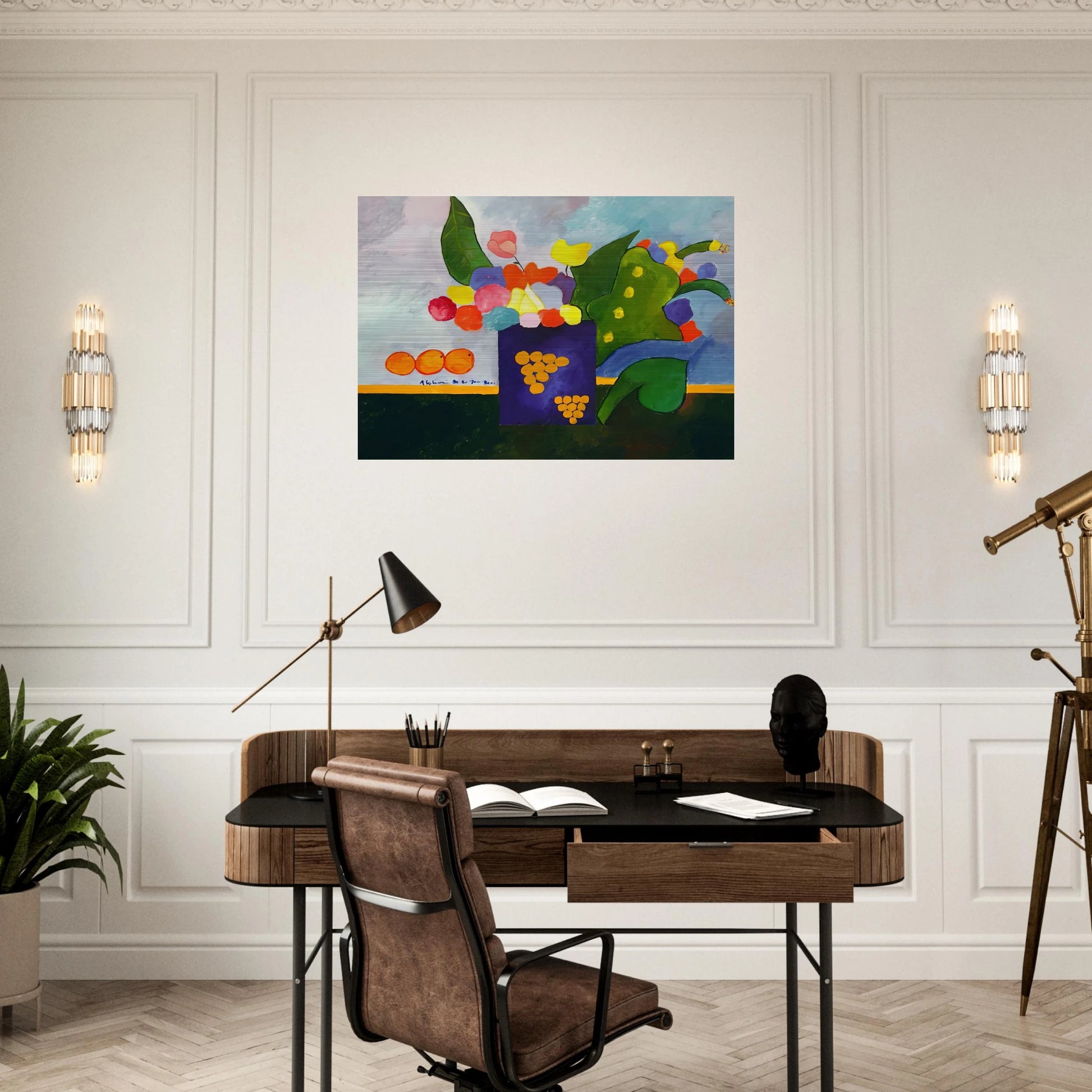 Vase With Flowers and Fruit - 2001 - Aldemir Martins Brushed Aluminum Print - 70x100 cm / 28x40 inches | Aldemir Martins Aluminum Print | Aldemir Martins Prints