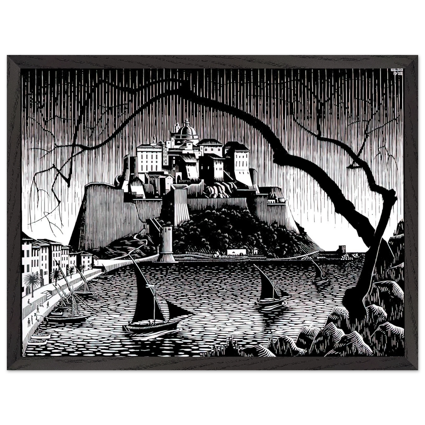 MC Escher - CITADEL OF CALVI CORSICA Wall Art - 30x40 cm / 12x16 inches - Premium Wooden Framed Poster With Fine Art Paper - Wood frame